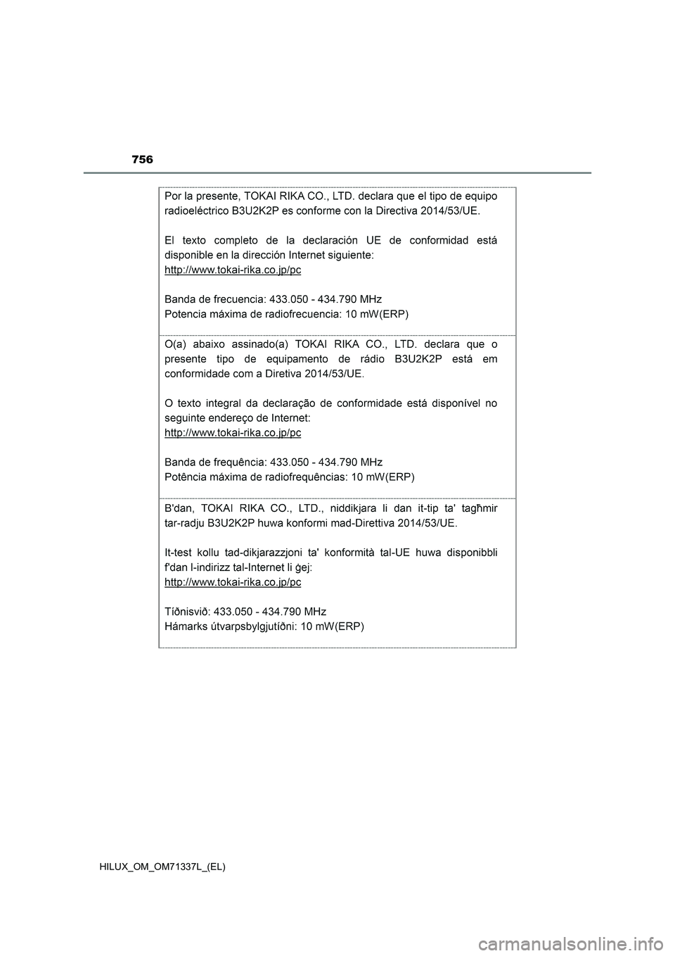 TOYOTA HILUX 2021  Manuale duso (in Italian) 756
HILUX_OM_OM71337L_(EL) 