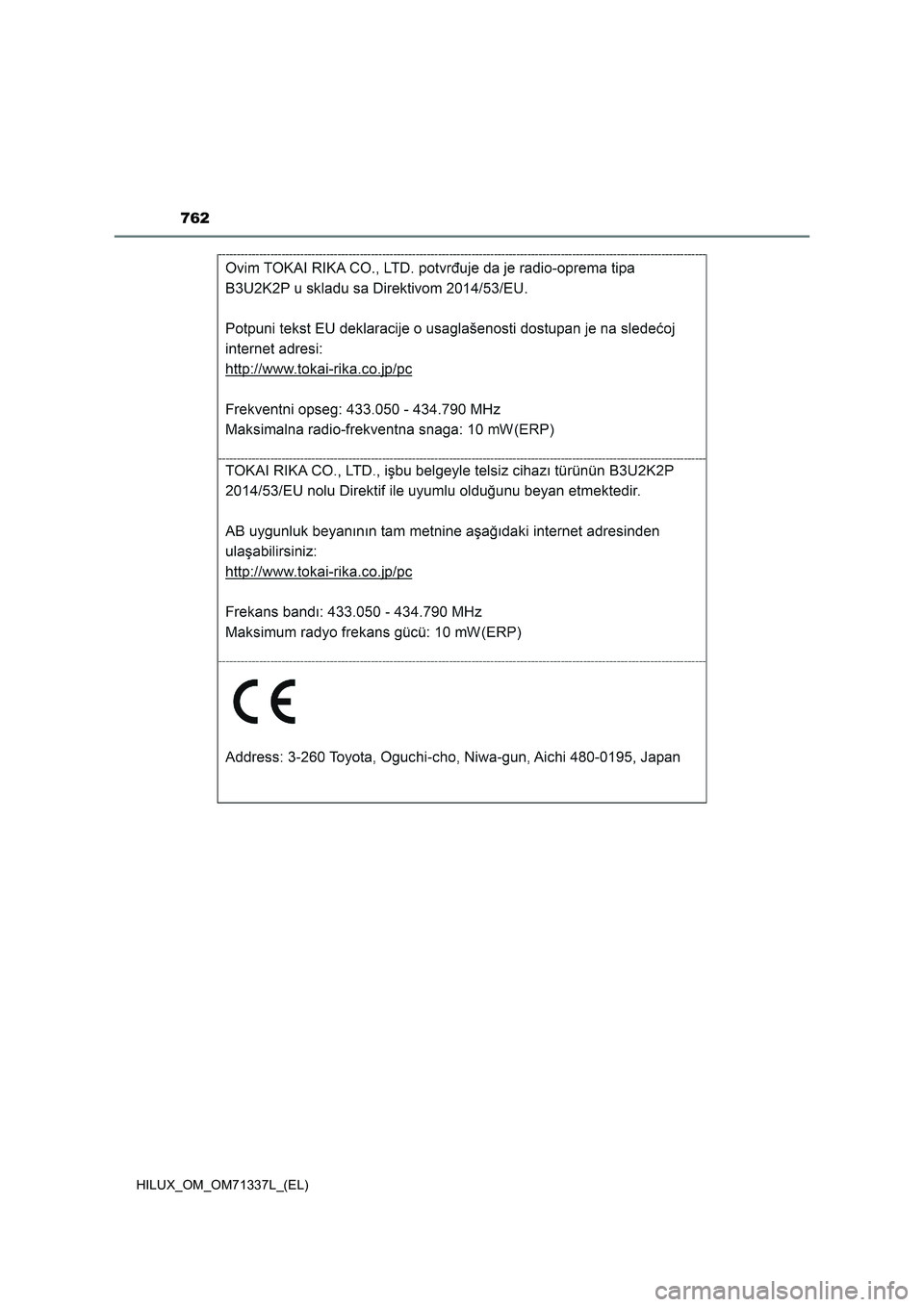 TOYOTA HILUX 2021  Manuale duso (in Italian) 762
HILUX_OM_OM71337L_(EL) 