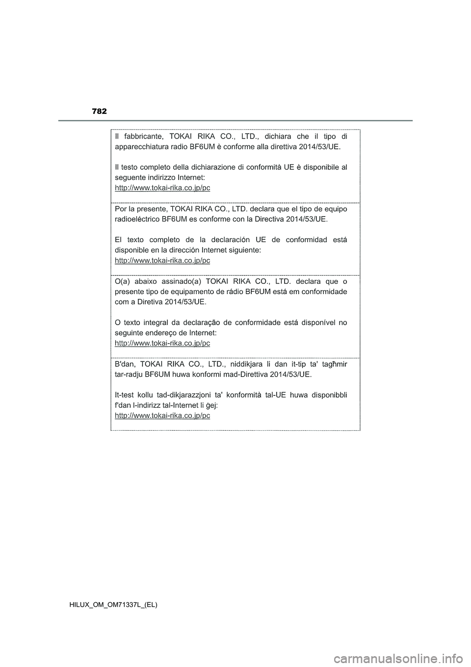 TOYOTA HILUX 2021  Manuale duso (in Italian) 782
HILUX_OM_OM71337L_(EL) 