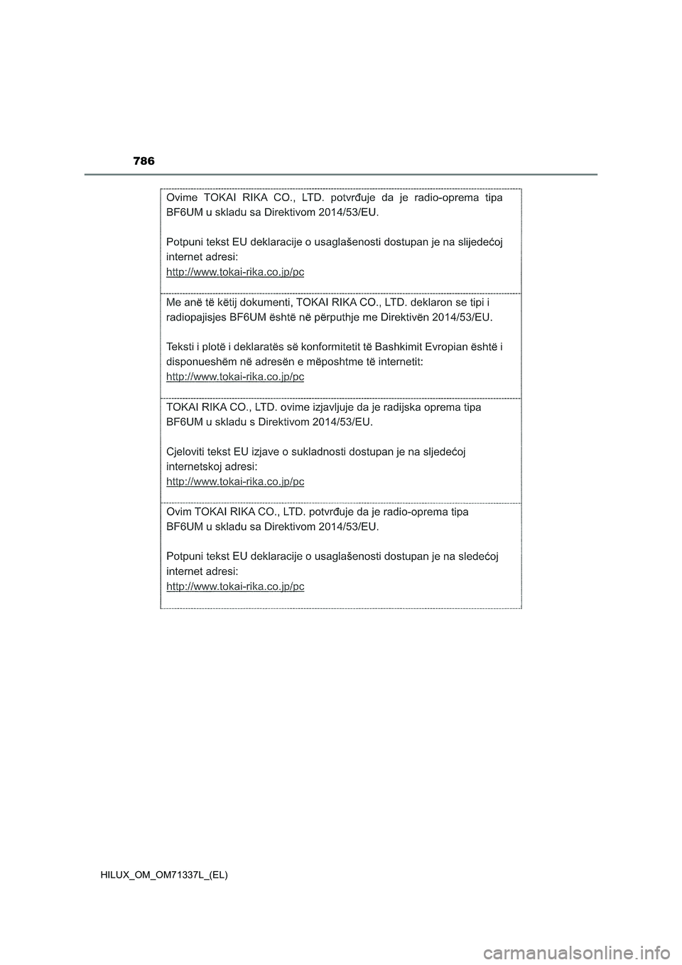 TOYOTA HILUX 2021  Manuale duso (in Italian) 786
HILUX_OM_OM71337L_(EL) 