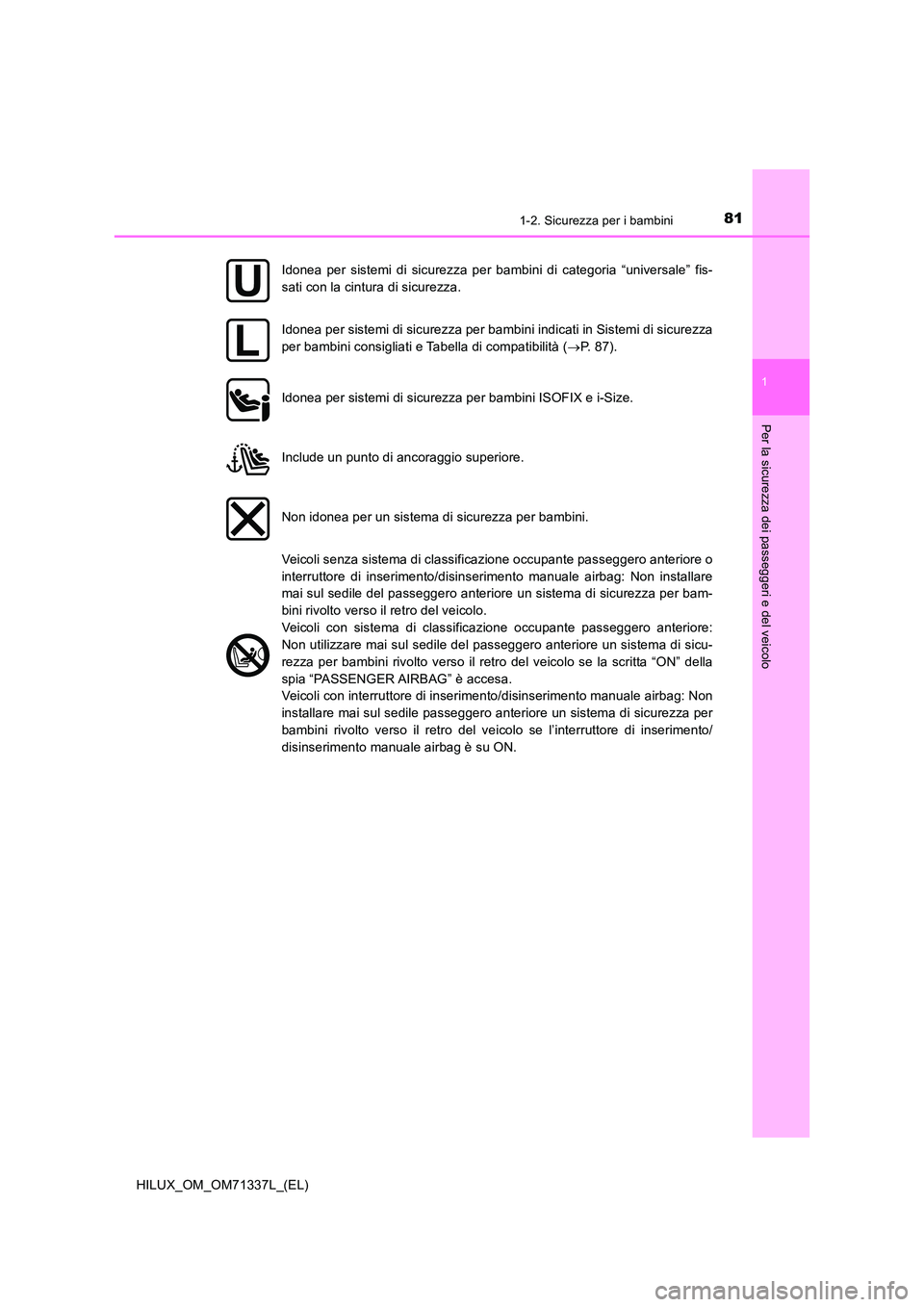 TOYOTA HILUX 2021 Manuale duso (in Italian) 811-2. Sicurezza per i bambini
1
HILUX_OM_OM71337L_(EL)
Per la sicurezza dei passeggeri e del veicolo
Idonea per sistemi di sicurezza per bambini di categoria “universale” fis-
sati con la cintur TOYOTA HILUX 2021 Manuale duso (in Italian) 811-2. Sicurezza per i bambini
1
HILUX_OM_OM71337L_(EL)
Per la sicurezza dei passeggeri e del veicolo
Idonea per sistemi di sicurezza per bambini di categoria “universale” fis-
sati con la cintur