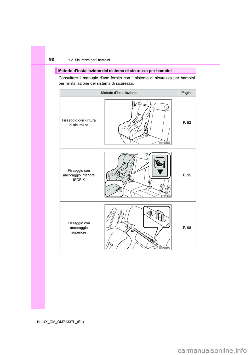 TOYOTA HILUX 2021  Manuale duso (in Italian) 921-2. Sicurezza per i bambini
HILUX_OM_OM71337L_(EL)
Consultare il manuale d’uso fornito con il sistema di sicurezza per bambini 
per l’installazione del sistema di sicurezza.
Metodo d’installa