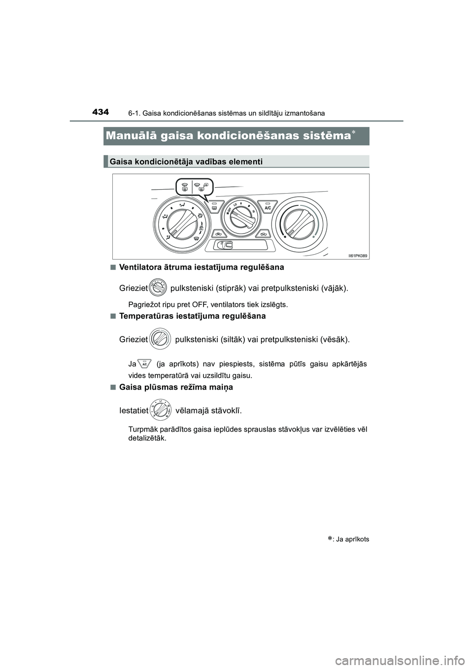 TOYOTA HILUX 2021  Lietošanas Instrukcija (in Latvian) 4346-1. Gaisa kondicionēšanas sist ēmas un sild īt ā ju izmantošana
HILUX_OM_OM0K513E_(LV)
Manu ālā  gaisa kondicion ēšanas sist ēma
■Ventilatora ā truma iestatījuma regul ēšana
Gr