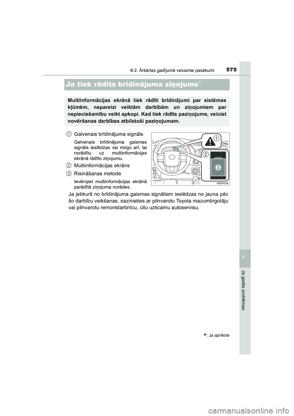 TOYOTA HILUX 2021  Lietošanas Instrukcija (in Latvian) 5758-2. Ārk ārtas gad ījum ā veicamie pas ākumi
HILUX_OM_OM0K513E_(LV)
8
Ja gad ās probl ēmas
Ja tiek rā dīts br īdinā juma ziņ ojums
Galvenais br īdin ājuma sign āls
Galvenais br ī