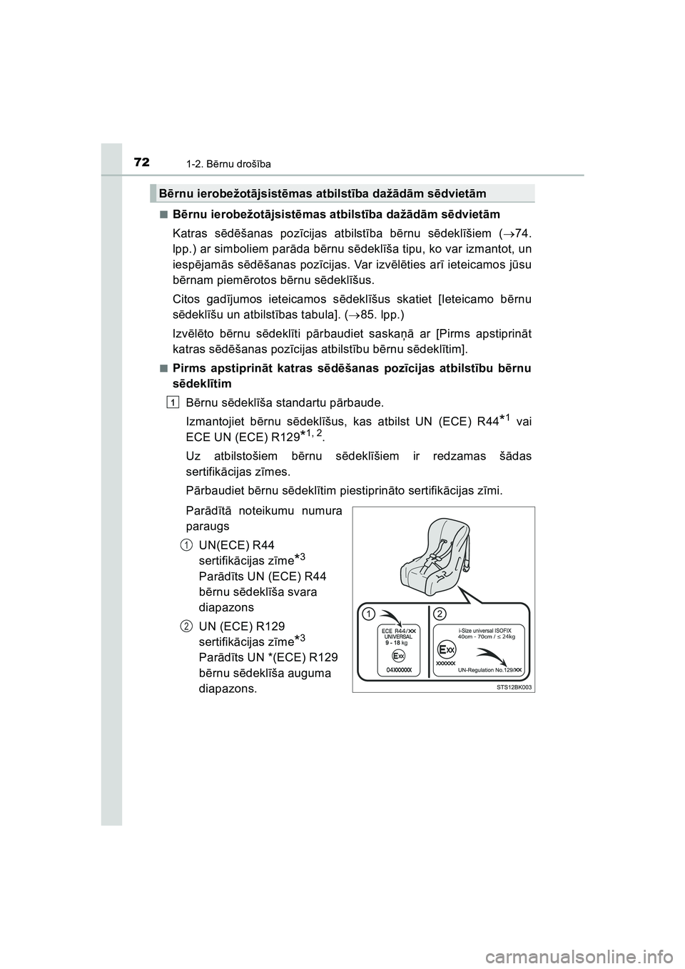 TOYOTA HILUX 2021  Lietošanas Instrukcija (in Latvian) 721-2. Bērnu droš ība
HILUX_OM_OM0K513E_(LV) ■
B
ērnu ierobežot ājsist ēmas atbilst ība daž ād ām s ēdviet ām
Katras s ēdē šanas poz īcijas atbilst ība bē rnu sēdekl īšiem ( 
