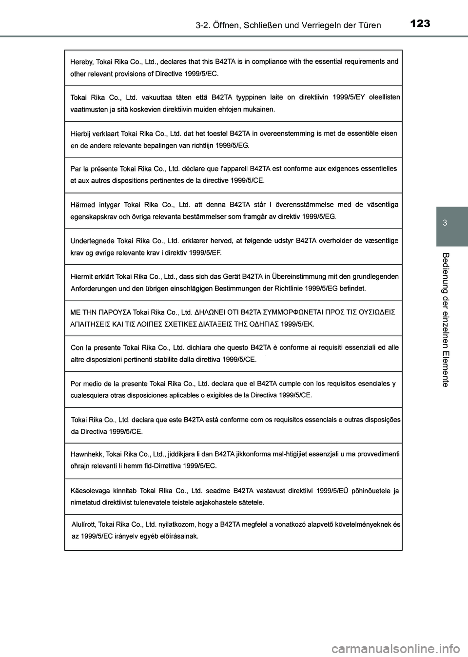 TOYOTA HILUX 2015  Betriebsanleitungen (in German) 1233-2. Öffnen, Schließen und Verriegeln der Türen
3
Bedienung der einzelnen Elemente
HILUX_OM_OM71214M_(EM)
HILUX_OM_OM71214M_(EM).book  Page 123  Friday, May 9, 2014  7:16 PM 