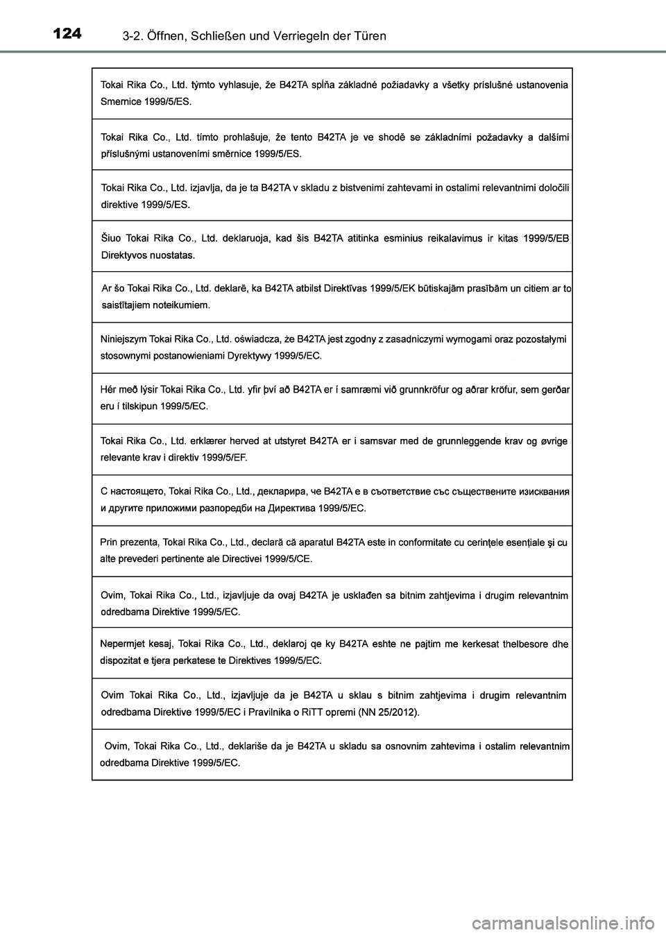 TOYOTA HILUX 2015  Betriebsanleitungen (in German) 1243-2. Öffnen, Schließen und Verriegeln der Türen
HILUX_OM_OM71214M_(EM)
HILUX_OM_OM71214M_(EM).book  Page 124  Friday, May 9, 2014  7:16 PM 
