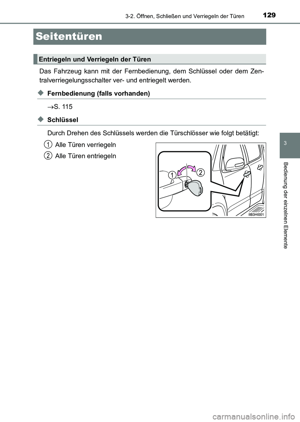 TOYOTA HILUX 2015  Betriebsanleitungen (in German) 129
3
3-2. Öffnen, Schließen und Verriegeln der Türen
Bedienung der einzelnen Elemente
HILUX_OM_OM71214M_(EM)
Seitentüren
Das Fahrzeug kann mit der Fernbedienung, dem Schlüssel oder dem Zen-
tral