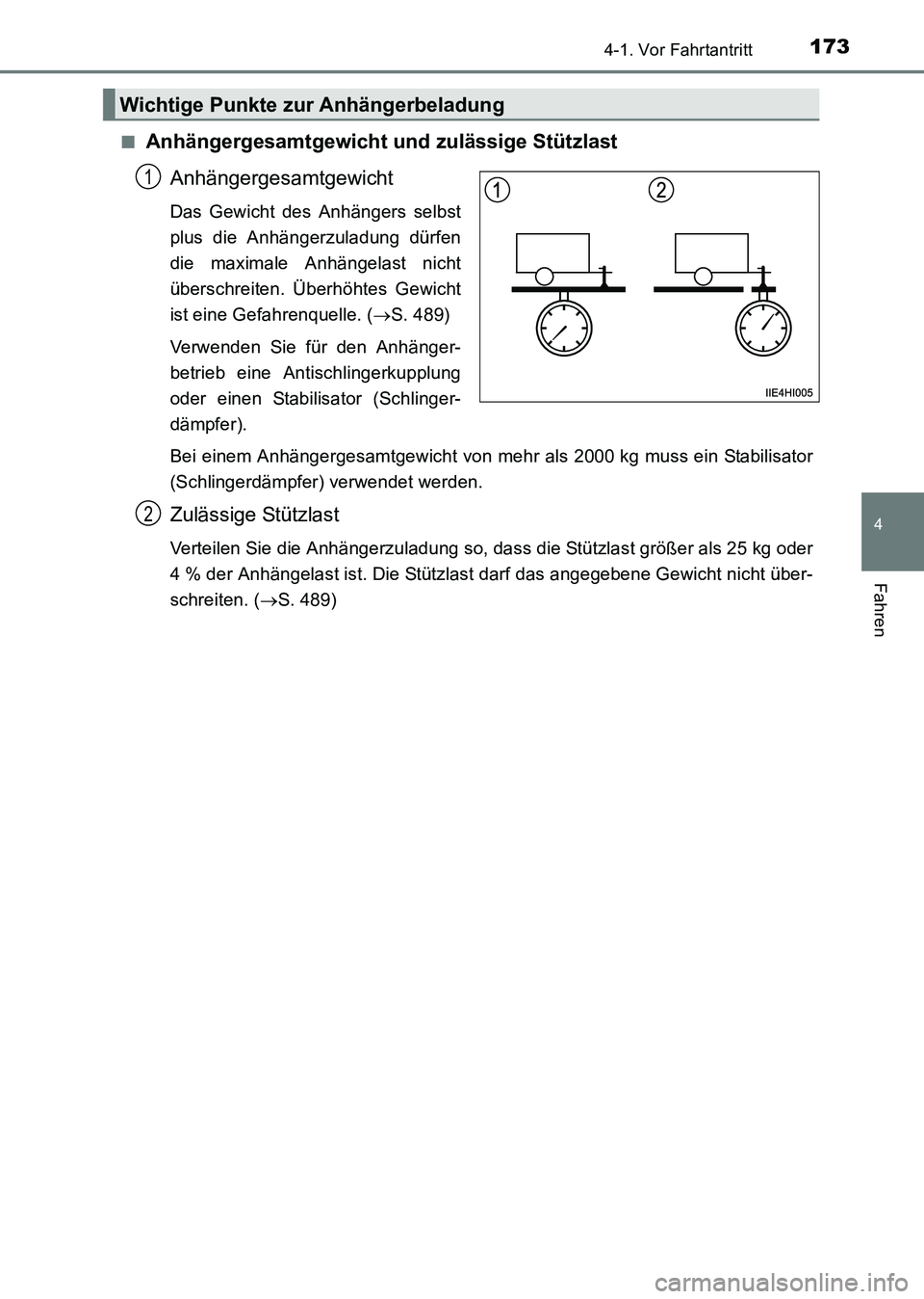 TOYOTA HILUX 2015  Betriebsanleitungen (in German) 1734-1. Vor Fahrtantritt
4
Fahren
HILUX_OM_OM71214M_(EM)■
Anhängergesamtgewicht und zulässige Stützlast
Anhängergesamtgewicht
Das Gewicht des Anhängers selbst
plus die Anhängerzuladung dürfen