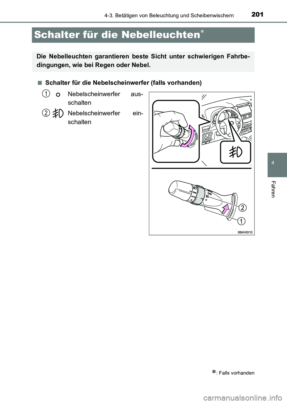 TOYOTA HILUX 2015  Betriebsanleitungen (in German) 201
4
4-3. Betätigen von Beleuchtung und Scheibenwischern
Fahren
HILUX_OM_OM71214M_(EM)
Schalter für die Nebelleuchten∗
■Schalter für die Nebelscheinwerfer (falls vorhanden)Nebelscheinwerfer au