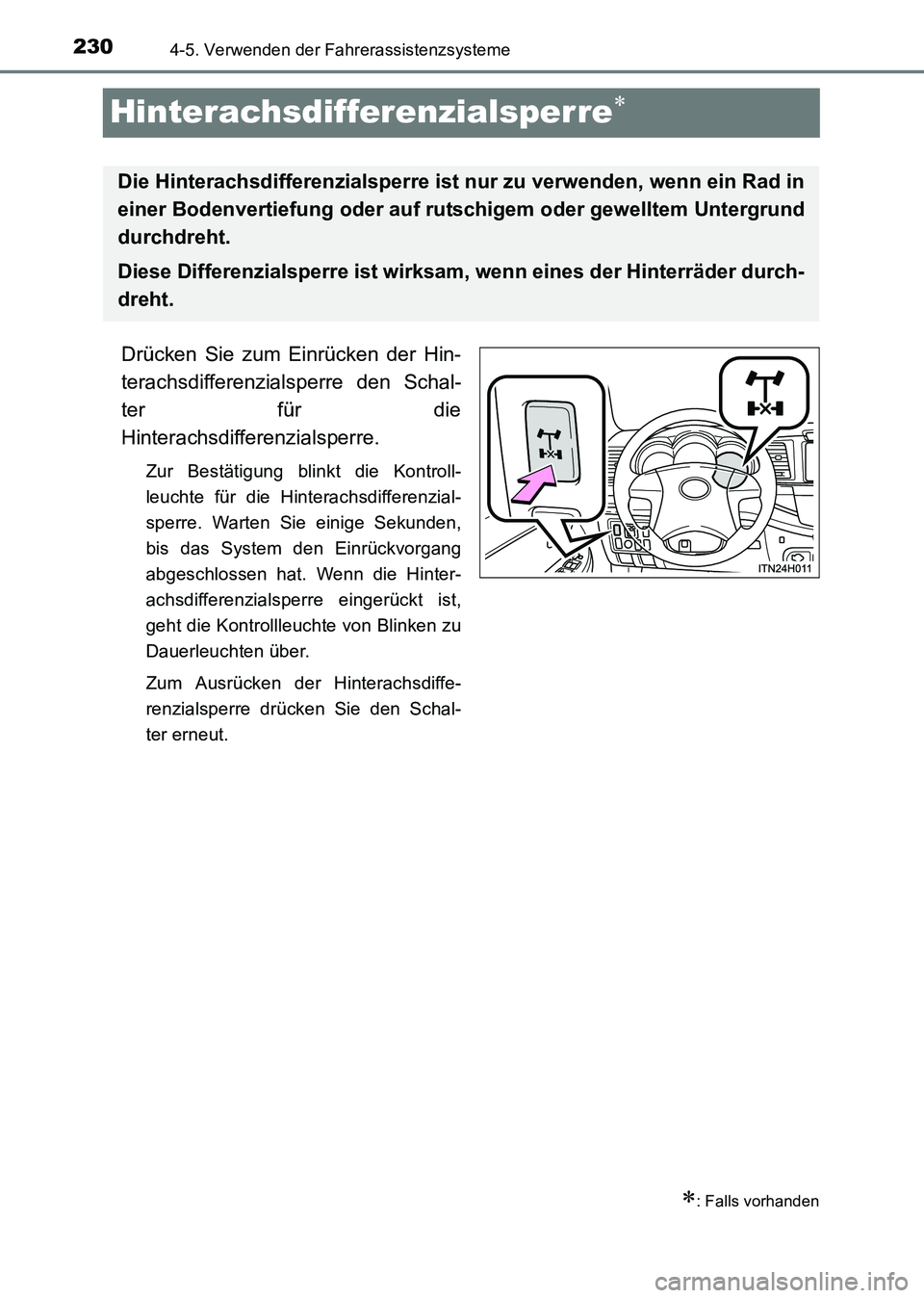 TOYOTA HILUX 2015  Betriebsanleitungen (in German) 2304-5. Verwenden der Fahrerassistenzsysteme
HILUX_OM_OM71214M_(EM)
Hinterachsdifferenzialsperre∗
Drücken Sie zum Einrücken der Hin-
terachsdifferenzialsperre den Schal-
ter für die
Hinterachsdif