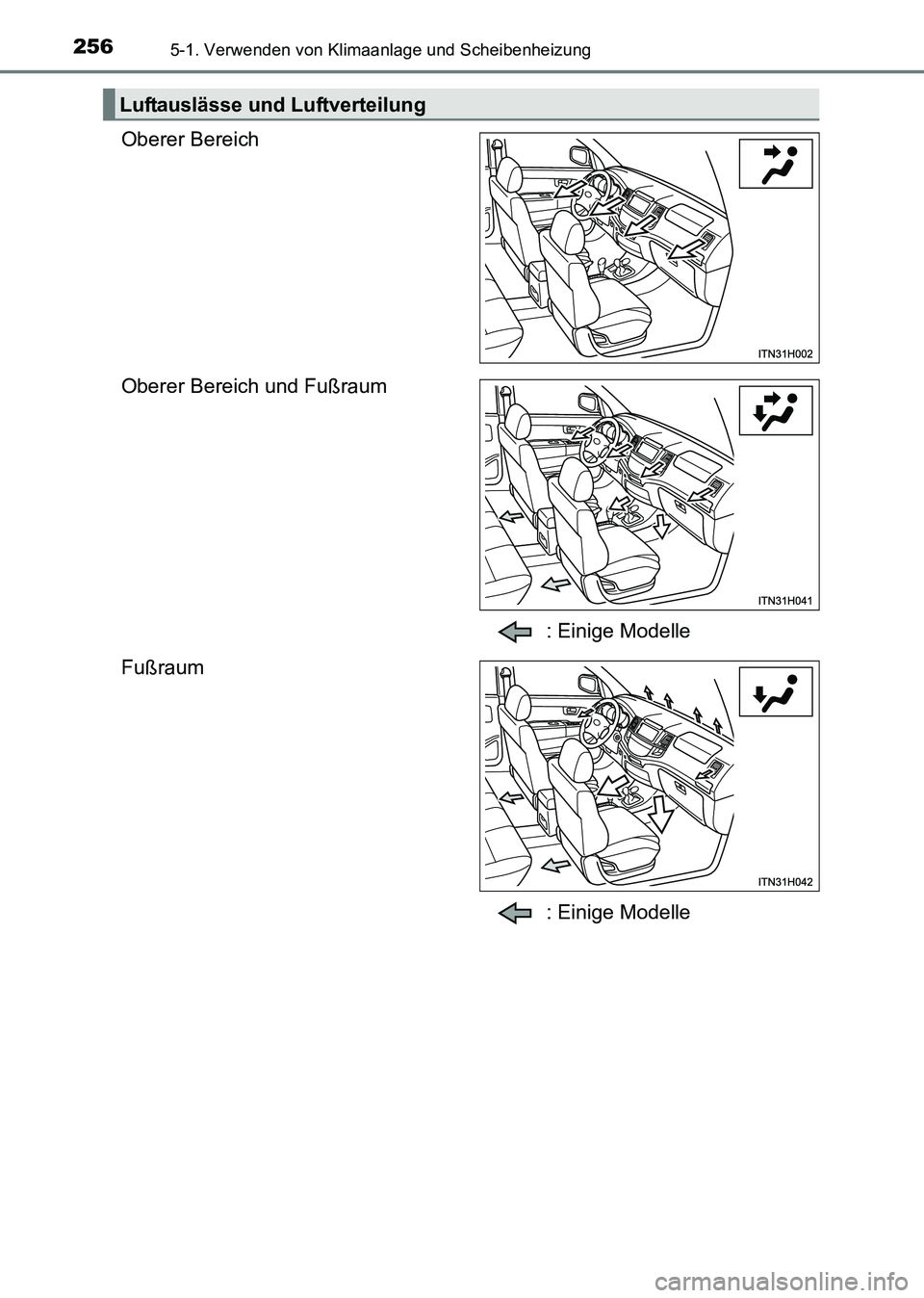 TOYOTA HILUX 2015  Betriebsanleitungen (in German) 2565-1. Verwenden von Klimaanlage und Scheibenheizung
HILUX_OM_OM71214M_(EM)
Oberer Bereich
Oberer Bereich und Fußraum: Einige Modelle
Fußraum
: Einige Modelle
Luftauslässe und Luftverteilung
HILUX