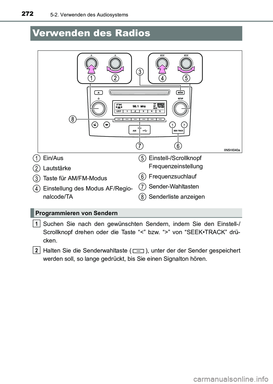 TOYOTA HILUX 2015  Betriebsanleitungen (in German) 2725-2. Verwenden des Audiosystems
HILUX_OM_OM71214M_(EM)
Verwenden des Radios
Suchen Sie nach den gewünschten Sendern, indem Sie den Einstell-/
Scrollknopf drehen oder die Taste “<” bzw. “>”