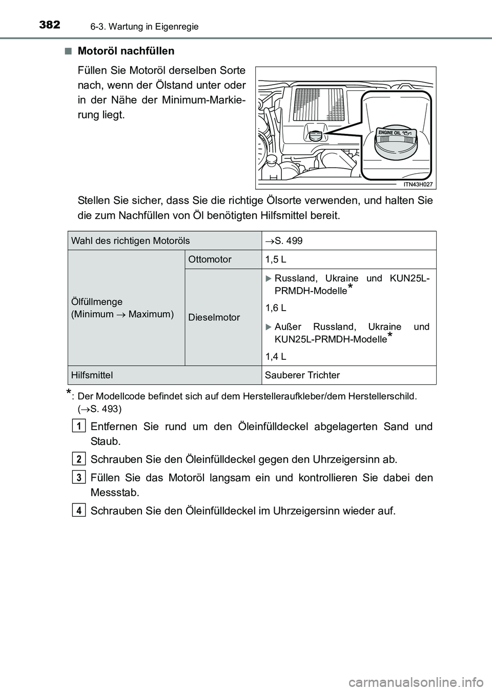 TOYOTA HILUX 2015  Betriebsanleitungen (in German) 3826-3. Wartung in Eigenregie
HILUX_OM_OM71214M_(EM)■
Motoröl nachfüllen
Füllen Sie Motoröl derselben Sorte
nach, wenn der Ölstand unter oder
in der Nähe der Minimum-Markie-
rung liegt.
Stelle