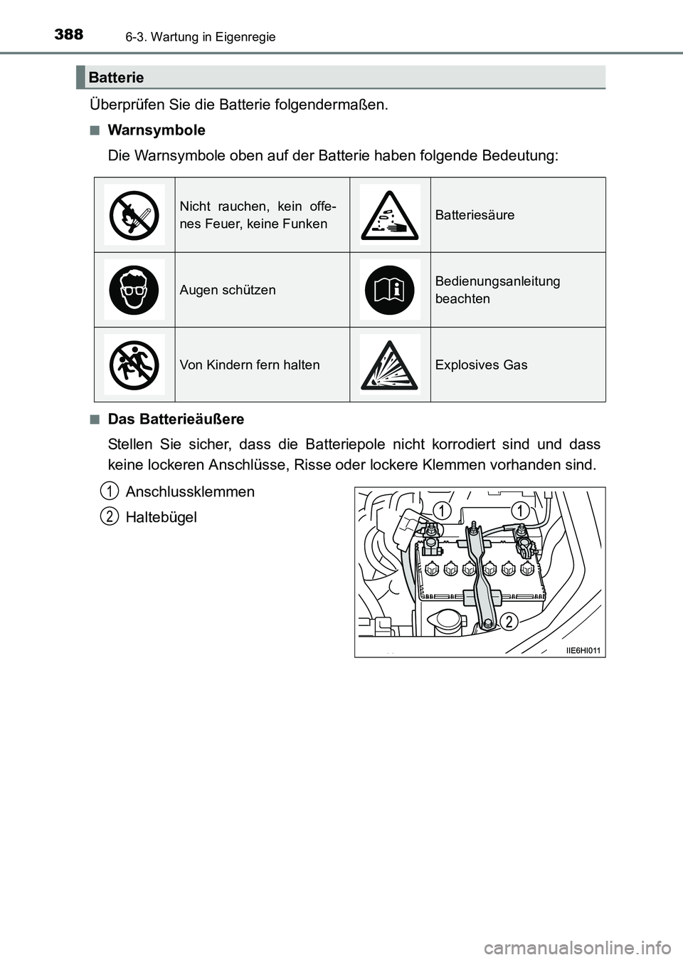 TOYOTA HILUX 2015  Betriebsanleitungen (in German) 3886-3. Wartung in Eigenregie
HILUX_OM_OM71214M_(EM)
Überprüfen Sie die Batterie folgendermaßen.
■Warnsymbole
Die Warnsymbole oben auf der Batterie haben folgende Bedeutung:
■Das Batterieäuße