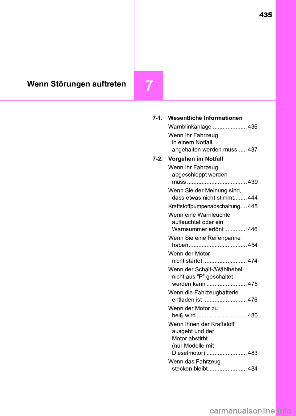 TOYOTA HILUX 2015 Betriebsanleitungen (in German) 435
7Wenn Störungen auftreten
HILUX_OM_OM71214M_(EM)7-1. Wesentliche Informationen
Warnblinkanlage ..................... 436
Wenn Ihr Fahrzeug in einem Notfall
angehalten werden muss...... 437
7-2. TOYOTA HILUX 2015 Betriebsanleitungen (in German) 435
7Wenn Störungen auftreten
HILUX_OM_OM71214M_(EM)7-1. Wesentliche Informationen
Warnblinkanlage ..................... 436
Wenn Ihr Fahrzeug in einem Notfall
angehalten werden muss...... 437
7-2.