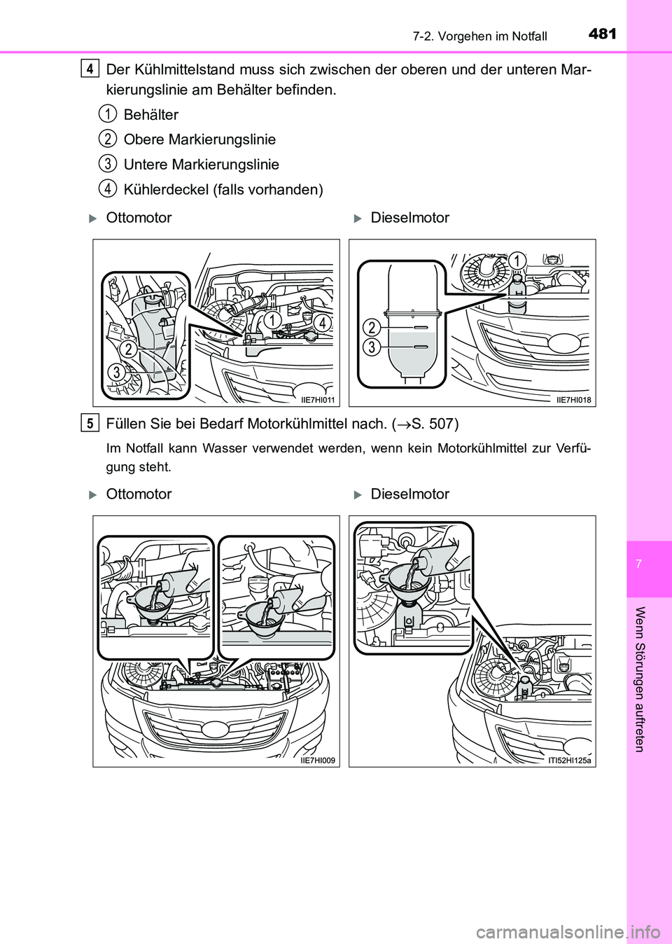 TOYOTA HILUX 2015  Betriebsanleitungen (in German) 4817-2. Vorgehen im Notfall
7
Wenn Störungen auftreten
HILUX_OM_OM71214M_(EM)
Der Kühlmittelstand muss sich zwischen der oberen und der unteren Mar-
kierungslinie am Behälter befinden.Behälter
Obe