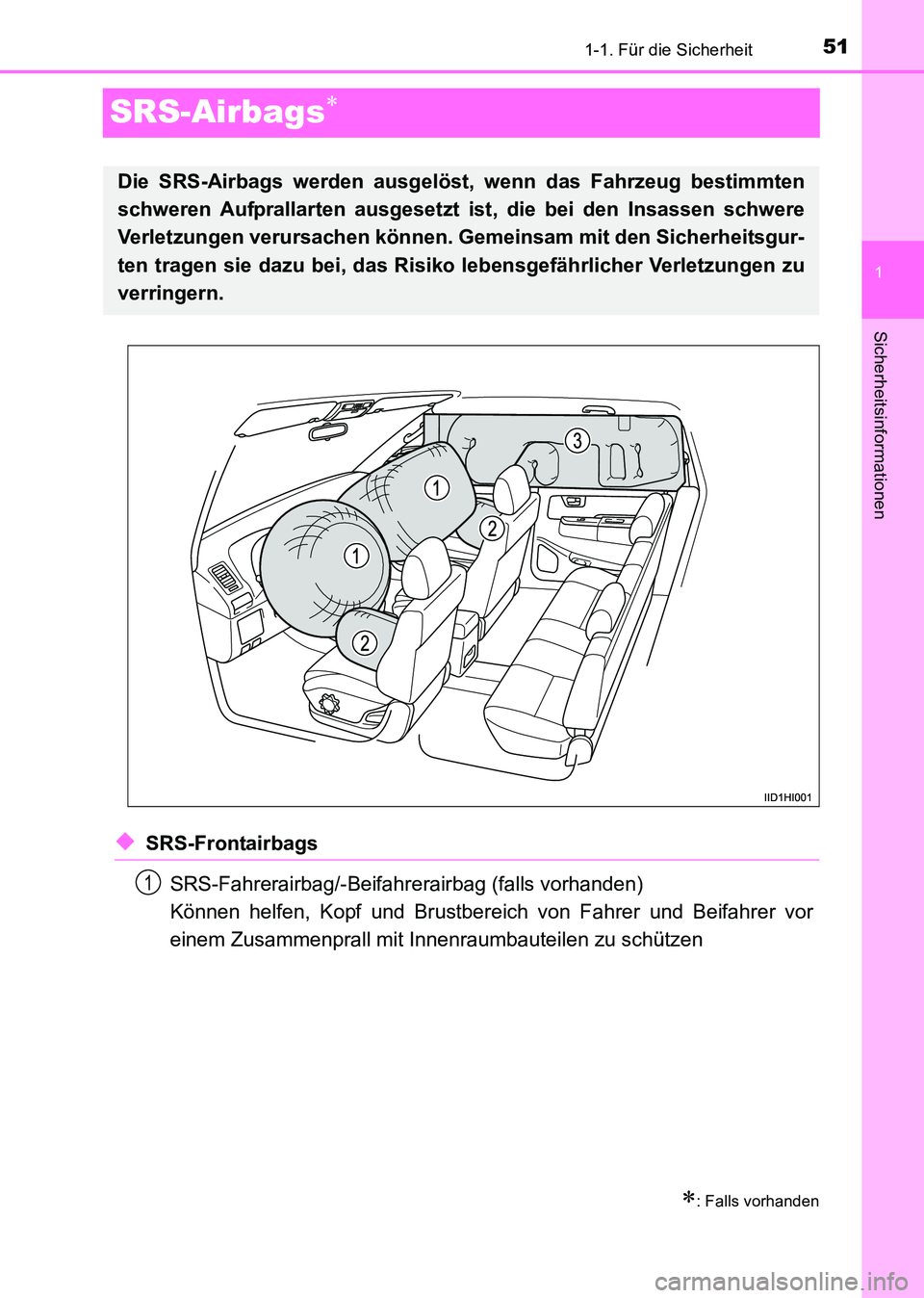 TOYOTA HILUX 2015  Betriebsanleitungen (in German) 511-1. Für die Sicherheit
1
Sicherheitsinformationen
HILUX_OM_OM71214M_(EM)
SRS-Airbags∗
◆SRS-FrontairbagsSRS-Fahrerairbag/-Beifahrerairbag (falls vorhanden)
Können helfen, Kopf und Brustbereich