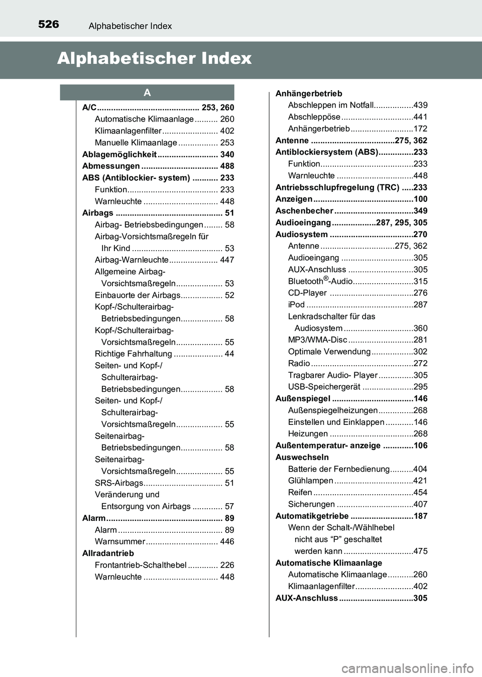 TOYOTA HILUX 2015 Betriebsanleitungen (in German) 526Alphabetischer Index
HILUX_OM_OM71214M_(EM)
Alphabetischer Index
A/C ............................................ 253, 260Automatische Klimaanlage .......... 260
Klimaanlagenfilter ................ TOYOTA HILUX 2015 Betriebsanleitungen (in German) 526Alphabetischer Index
HILUX_OM_OM71214M_(EM)
Alphabetischer Index
A/C ............................................ 253, 260Automatische Klimaanlage .......... 260
Klimaanlagenfilter ................