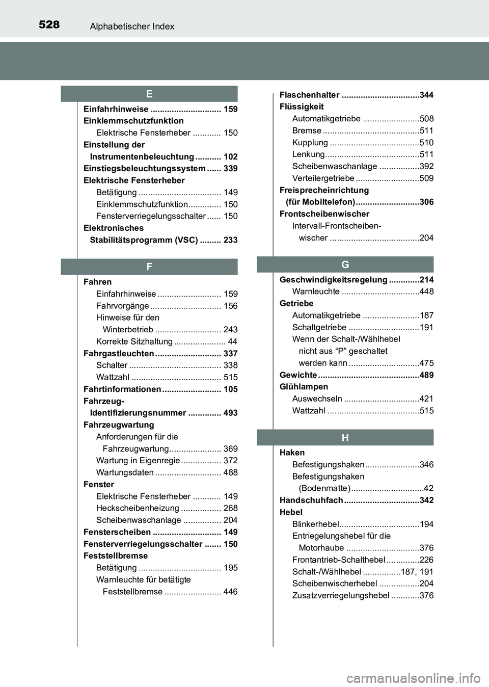 TOYOTA HILUX 2015 Betriebsanleitungen (in German) 528Alphabetischer Index
HILUX_OM_OM71214M_(EM)
Einfahrhinweise .............................. 159
EinklemmschutzfunktionElektrische Fensterheber ............ 150
Einstellung der
Instrumentenbeleuchtu TOYOTA HILUX 2015 Betriebsanleitungen (in German) 528Alphabetischer Index
HILUX_OM_OM71214M_(EM)
Einfahrhinweise .............................. 159
EinklemmschutzfunktionElektrische Fensterheber ............ 150
Einstellung der
Instrumentenbeleuchtu