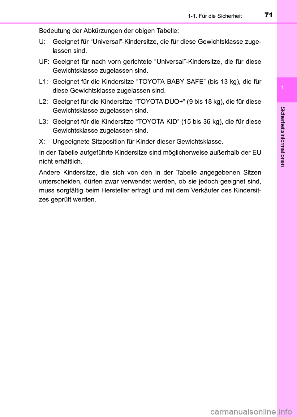 TOYOTA HILUX 2015  Betriebsanleitungen (in German) 711-1. Für die Sicherheit
1
HILUX_OM_OM71214M_(EM)
Sicherheitsinformationen
Bedeutung der Abkürzungen der obigen Tabelle:
U: Geeignet für “Universal”-Kindersitze, die für diese Gewichtsklasse 