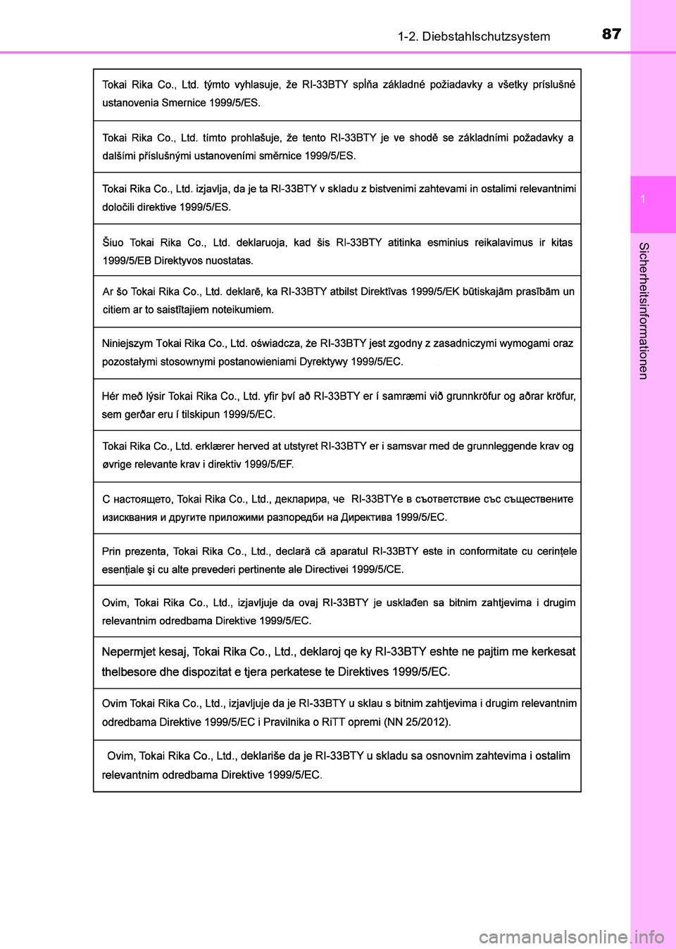 TOYOTA HILUX 2015  Betriebsanleitungen (in German) 871-2. Diebstahlschutzsystem
1
HILUX_OM_OM71214M_(EM)
Sicherheitsinformationen
HILUX_OM_OM71214M_(EM).book  Page 87  Friday, May 9, 2014  7:16 PM 