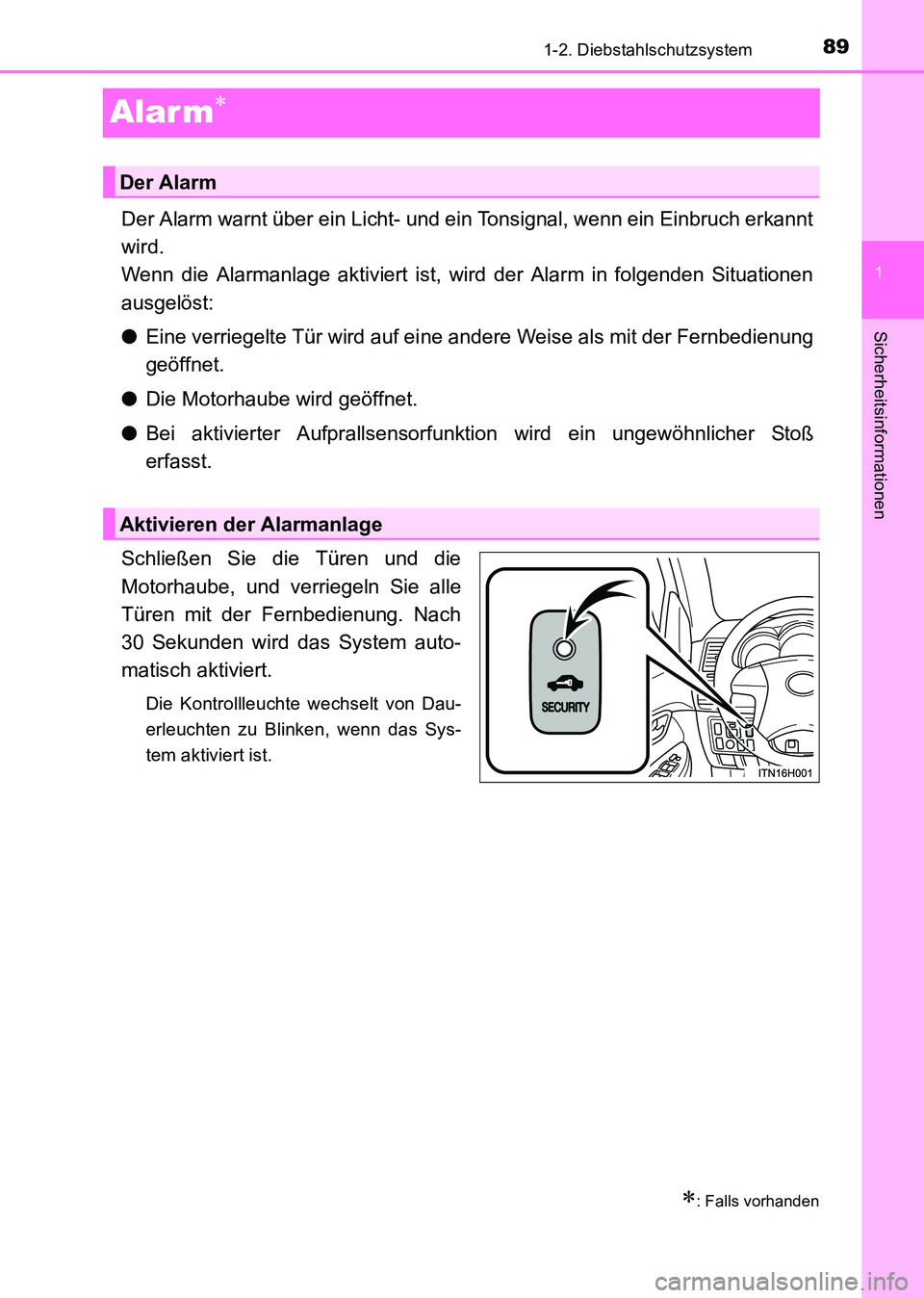 TOYOTA HILUX 2015  Betriebsanleitungen (in German) 89
1
1-2. Diebstahlschutzsystem
HILUX_OM_OM71214M_(EM)
Sicherheitsinformationen
Alar m∗
Der Alarm warnt über ein Licht- und ein Tonsignal, wenn ein Einbruch erkannt
wird. 
Wenn die Alarmanlage akti