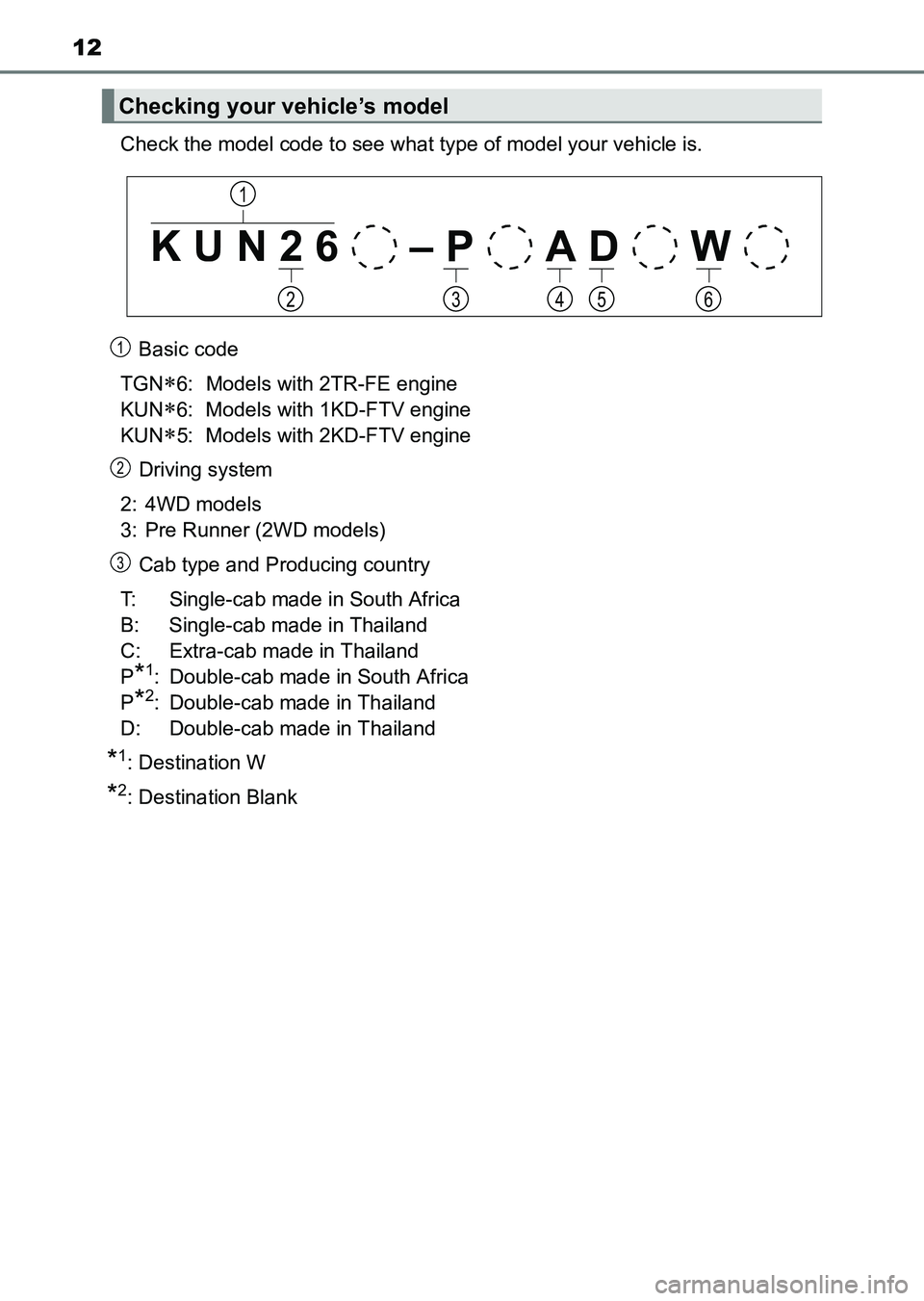 TOYOTA HILUX 2015  Owners Manual (in English) 12
HILUX_OM_OM0K219E_(EE)Check the model code to see what type of model your vehicle is.
Basic code
TGN
∗6: Models with 2TR-FE engine 
KUN
∗6: Models with 1KD-FTV engine 
KUN
∗5: Models with 2KD