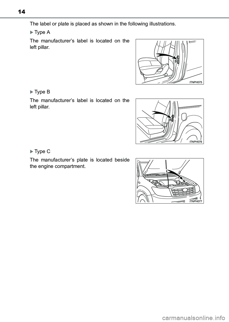 TOYOTA HILUX 2015  Owners Manual (in English) 14
HILUX_OM_OM0K219E_(EE)The label or plate is placed as shown in the following illustrations.
�XType A
�XType B
�XType C
The manufacturer’s label is located on the
left pillar.
The manufacturer’s