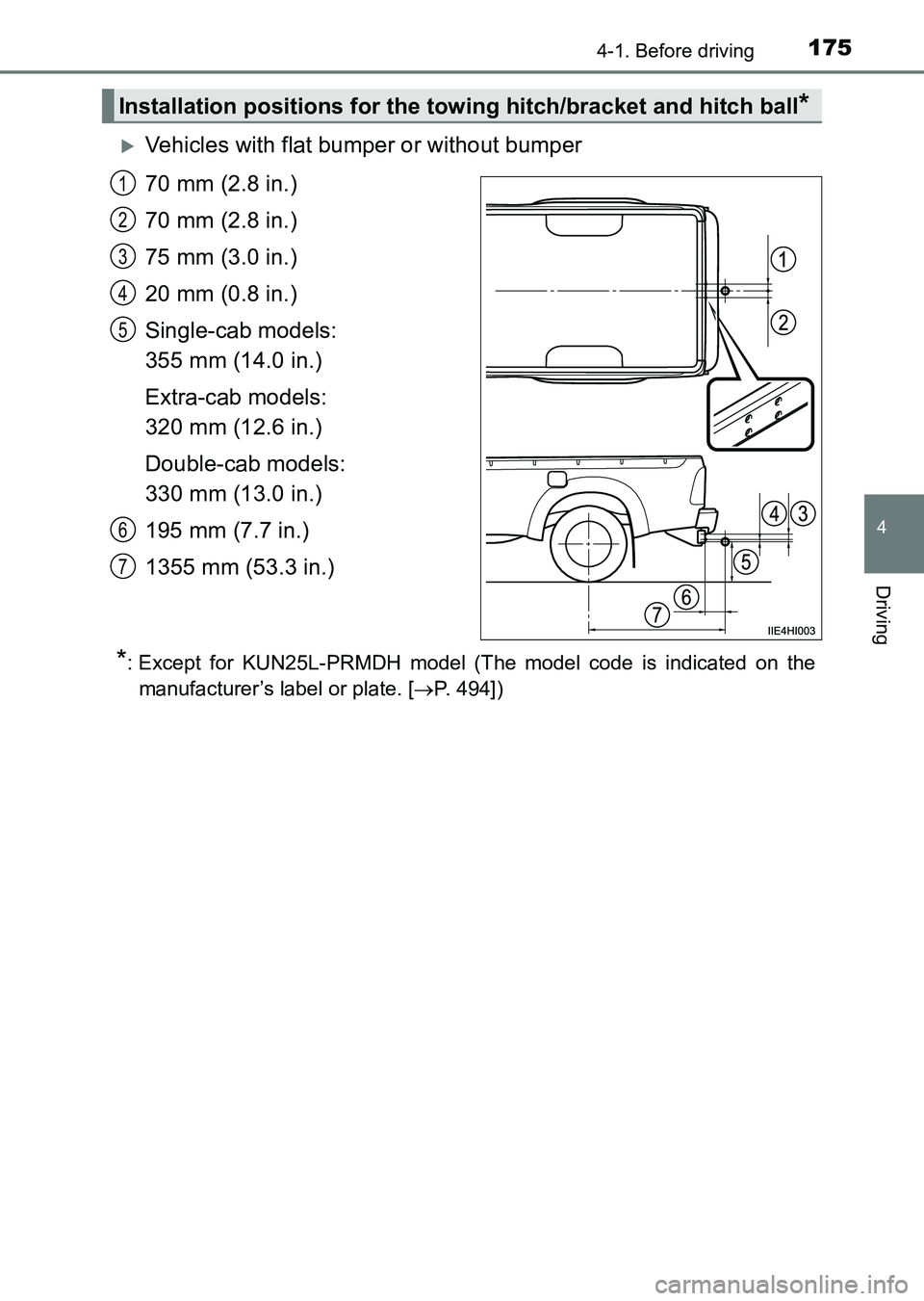 TOYOTA HILUX 2015  Owners Manual (in English) 1754-1. Before driving
4
Driving
HILUX_OM_OM0K219E_(EE)
�XVehicles with flat bumper or without bumper
70 mm (2.8 in.)
70 mm (2.8 in.)
75 mm (3.0 in.)
20 mm (0.8 in.)
Single-cab models: 
355 mm (14.0 i