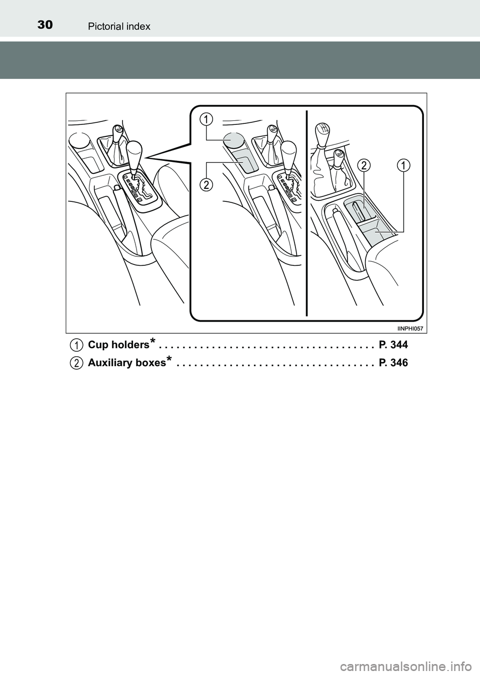 TOYOTA HILUX 2015  Owners Manual (in English) 30Pictorial index
HILUX_OM_OM0K219E_(EE)Cup holders
* . . . . . . . . . . . . . . . . . . . . . . . . . . . . . . . . . . . . .  P. 344
Auxiliary boxes
* . . . . . . . . . . . . . . . . . . . . . . . 