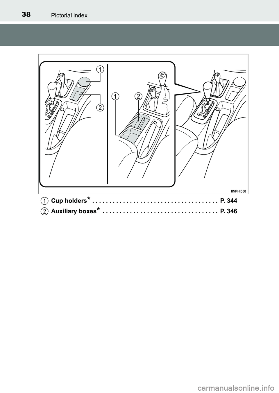 TOYOTA HILUX 2015  Owners Manual (in English) 38Pictorial index
HILUX_OM_OM0K219E_(EE)Cup holders
* . . . . . . . . . . . . . . . . . . . . . . . . . . . . . . . . . . . . .  P. 344
Auxiliary boxes
* . . . . . . . . . . . . . . . . . . . . . . . 