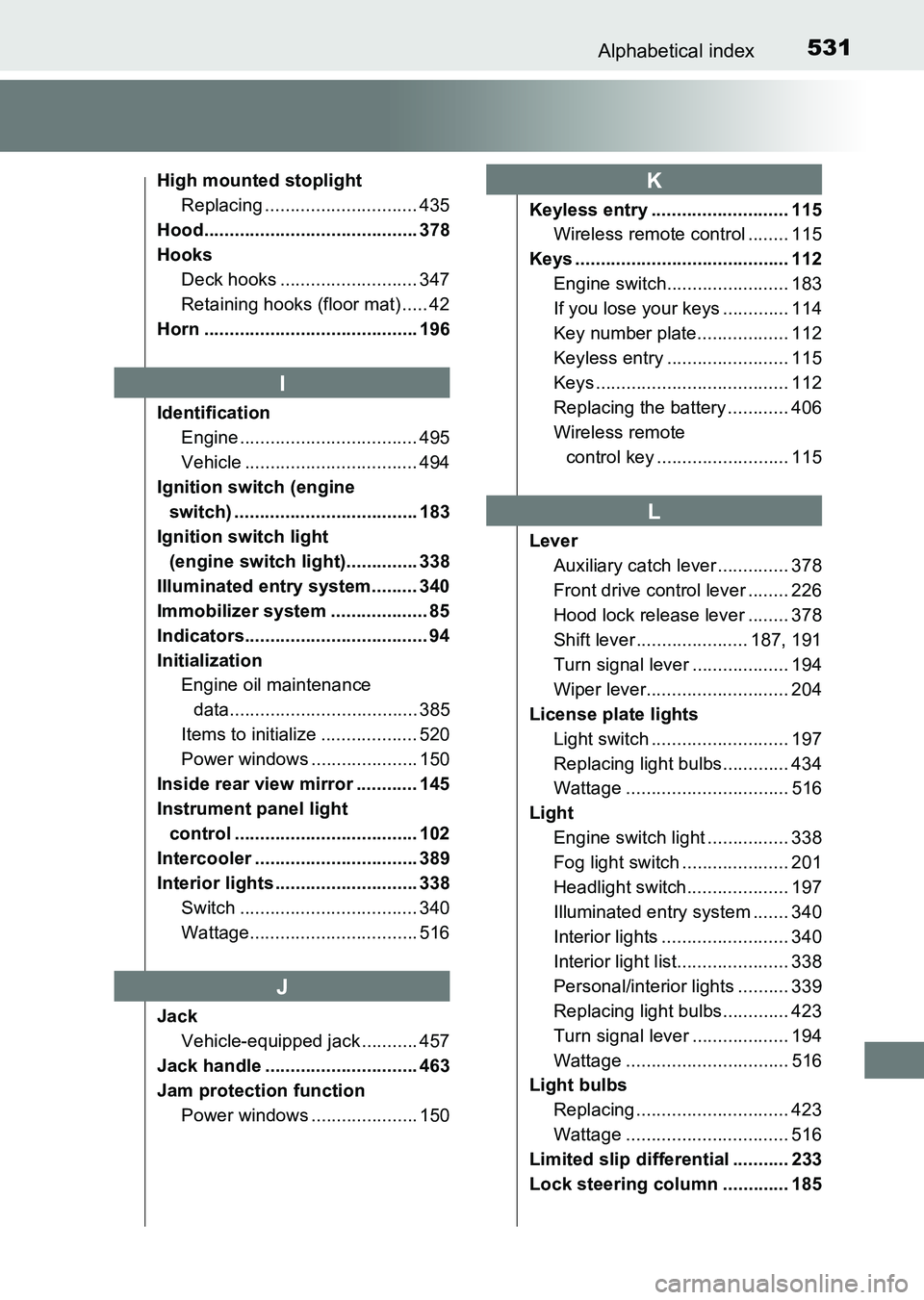 TOYOTA HILUX 2015  Owners Manual (in English) 531Alphabetical index
HILUX_OM_OM0K219E_(EE)
High mounted stoplightReplacing .............................. 435
Hood.......................................... 378
Hooks Deck hooks ....................
