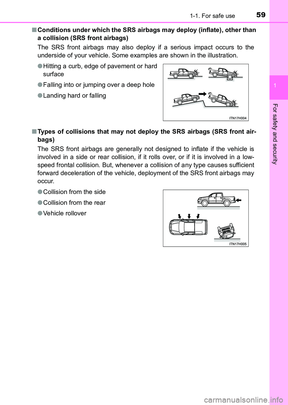TOYOTA HILUX 2015  Owners Manual (in English) 591-1. For safe use
1
HILUX_OM_OM0K219E_(EE)
For safety and security
■Conditions under which the SRS airbags may deploy (inflate), other than
a collision (SRS front airbags)
The SRS front airbags ma