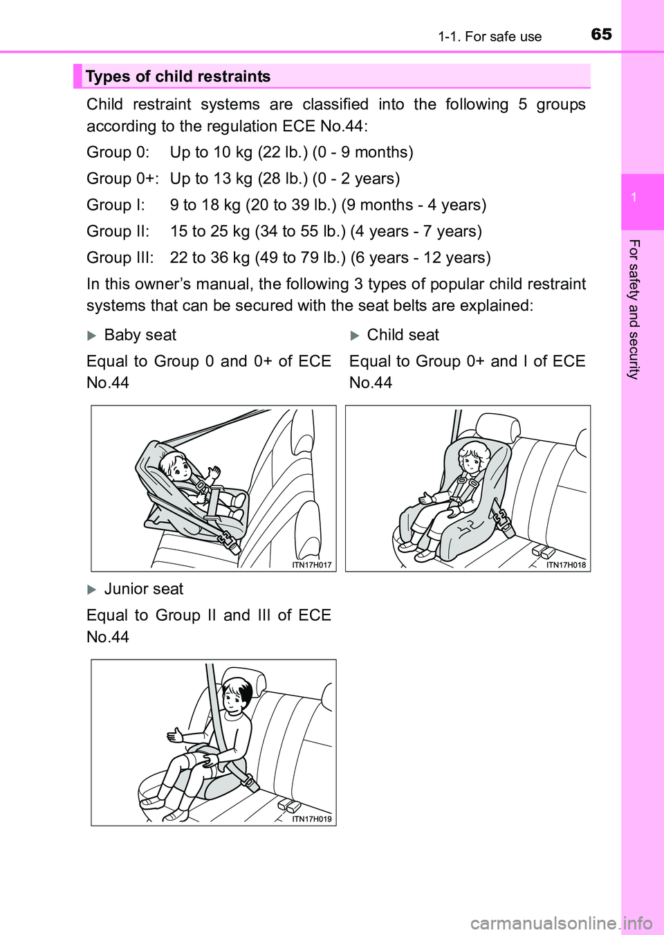 TOYOTA HILUX 2015  Owners Manual (in English) 651-1. For safe use
1
HILUX_OM_OM0K219E_(EE)
For safety and security
Child restraint systems are classified into the following 5 groups
according to the regulation ECE No.44:
Group 0: Up to 10 kg (22 