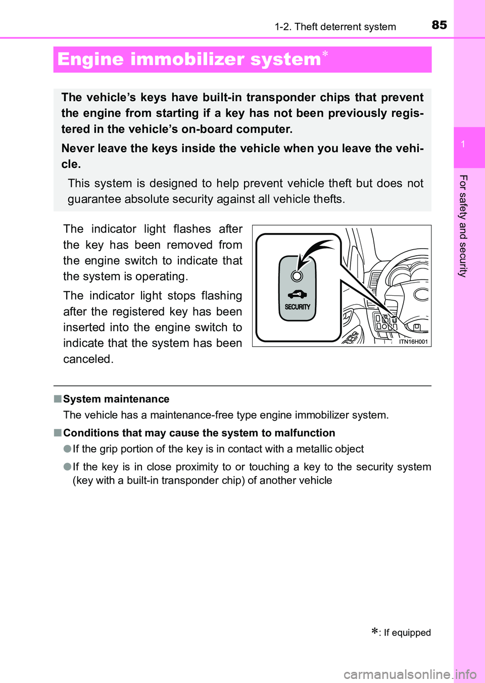 TOYOTA HILUX 2015  Owners Manual (in English) 85
1
1-2. Theft deterrent system
HILUX_OM_OM0K219E_(EE)
For safety and security
Engine immobilizer system∗
The indicator light flashes after
the key has been removed from
the engine switch to indica