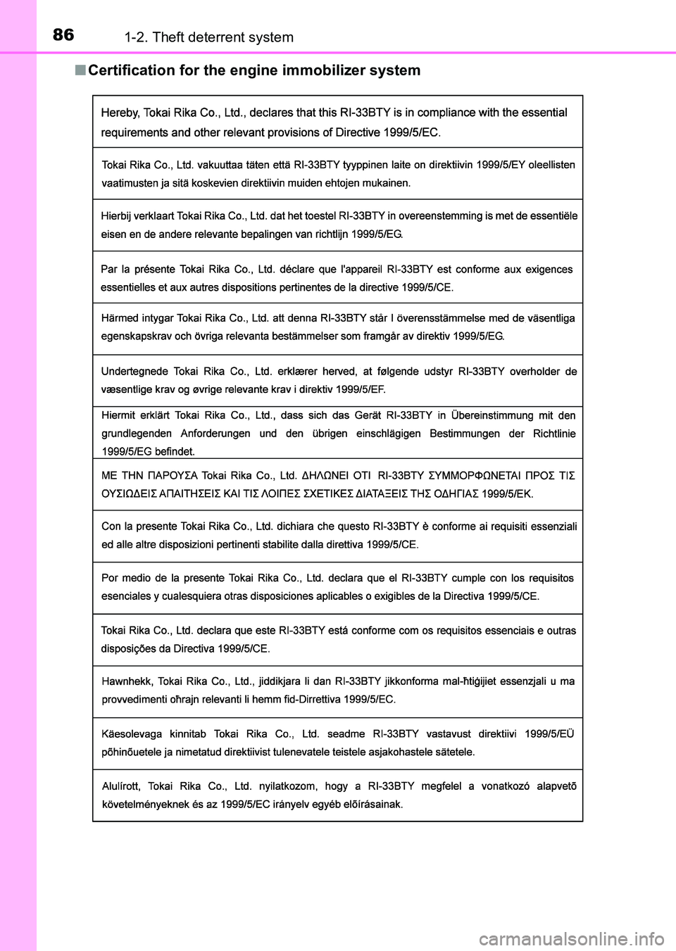 TOYOTA HILUX 2015  Owners Manual (in English) 861-2. Theft deterrent system
HILUX_OM_OM0K219E_(EE)■
Certification for the engine immobilizer system
HILUX_OM_OM0K219E_(EE).book  Page 86  Wednesday, May 14, 2014   3:06 PM 