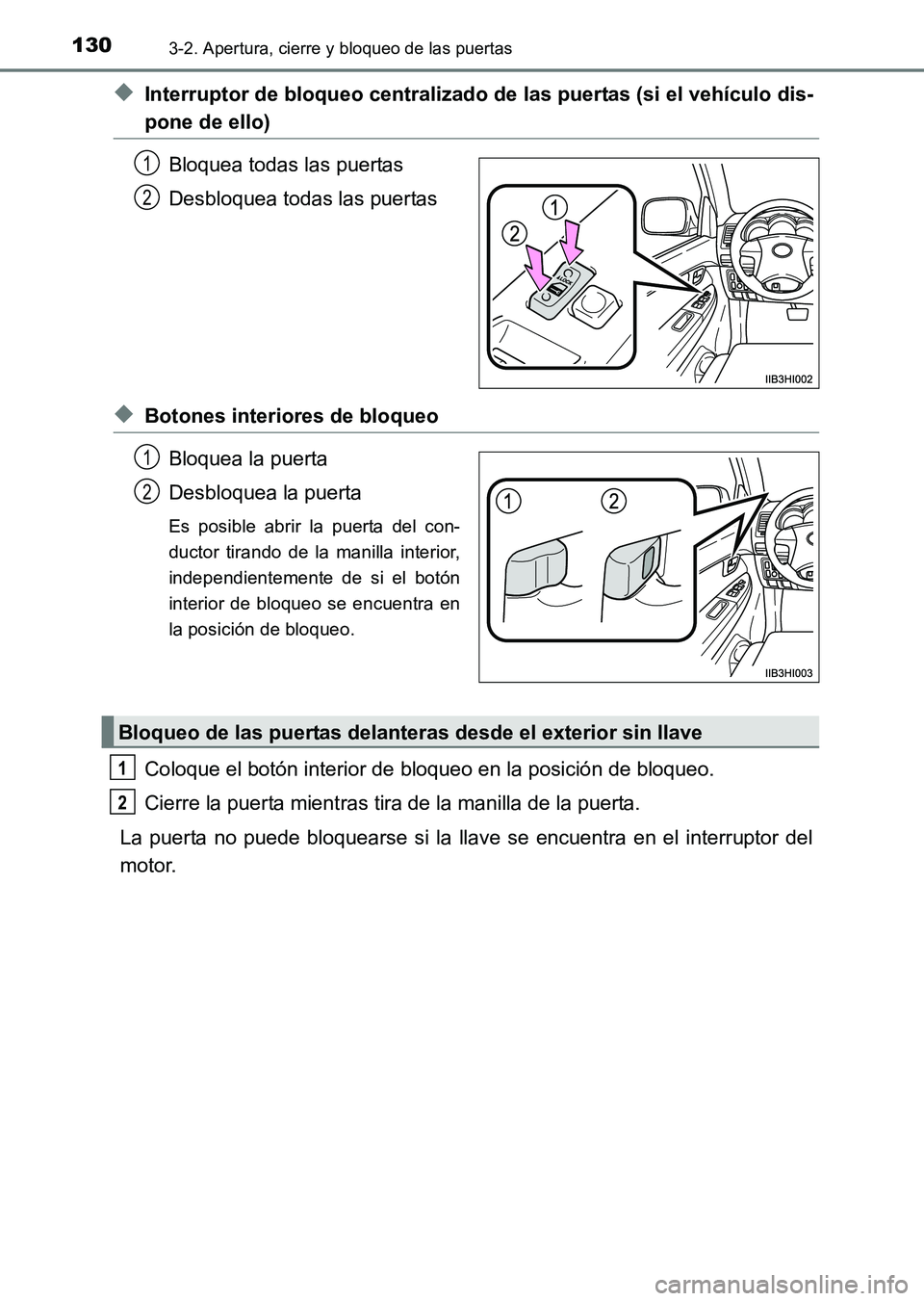 TOYOTA HILUX 2015  Manuale de Empleo (in Spanish) 1303-2. Apertura, cierre y bloqueo de las puertas
HILUX_OM_OM71215S_(ES)
◆Interruptor de bloqueo centralizado de las puertas (si el vehículo dis-
pone de ello)
Bloquea todas las puertas
Desbloquea 