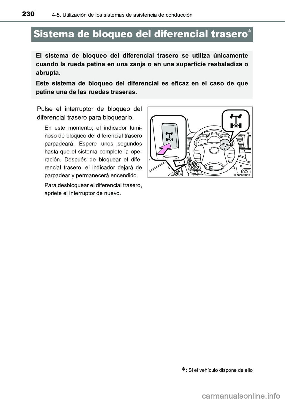 TOYOTA HILUX 2015  Manuale de Empleo (in Spanish) 2304-5. Utilización de los sistemas de asistencia de conducción
HILUX_OM_OM71215S_(ES)
Sistema de bloqueo del diferencial trasero∗
Pulse el interruptor de bloqueo del
diferencial trasero para bloq
