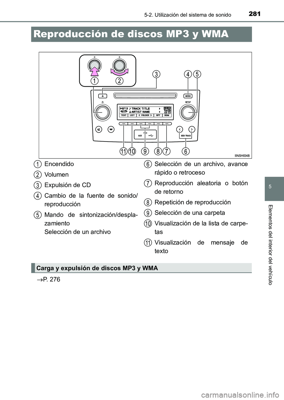 TOYOTA HILUX 2015  Manuale de Empleo (in Spanish) 281
5
5-2. Utilización del sistema de sonido
Elementos del interior del vehículo
HILUX_OM_OM71215S_(ES)
Reproducción de discos MP3 y WMA
→P. 276
Encendido
Volumen
Expulsión de CD
Cambio de la fu