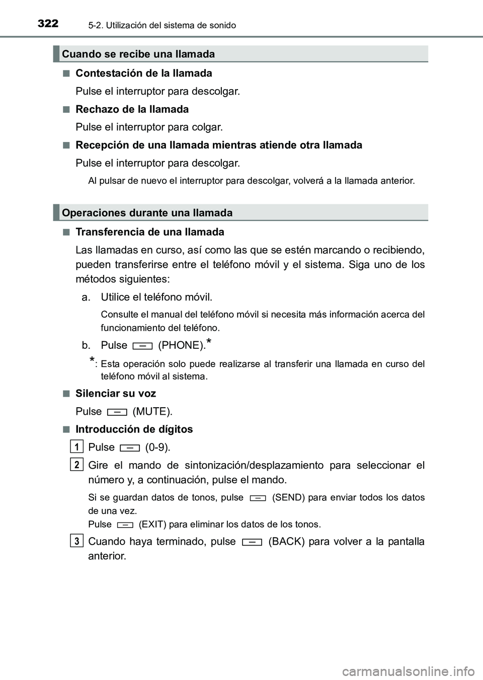 TOYOTA HILUX 2015  Manuale de Empleo (in Spanish) 3225-2. Utilización del sistema de sonido
HILUX_OM_OM71215S_(ES)■
Contestación de la llamada
Pulse el interruptor para descolgar.
■Rechazo de la llamada
Pulse el interruptor para colgar.
■Rece