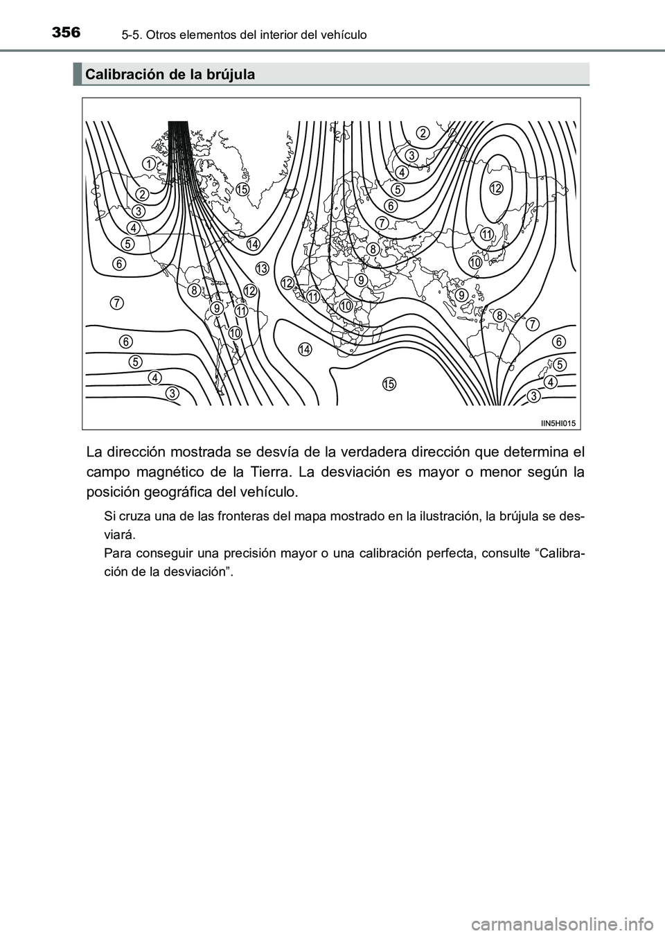 TOYOTA HILUX 2015  Manuale de Empleo (in Spanish) 3565-5. Otros elementos del interior del vehículo
HILUX_OM_OM71215S_(ES)
La dirección mostrada se desvía de la verdadera dirección que determina el
campo magnético de la Tierra. La desviación es