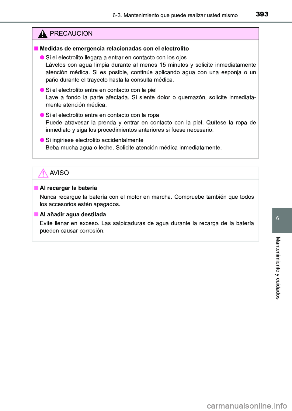 TOYOTA HILUX 2015  Manuale de Empleo (in Spanish) 3936-3. Mantenimiento que puede realizar usted mismo
6
Mantenimiento y cuidados
HILUX_OM_OM71215S_(ES)
PRECAUCION
■Medidas de emergencia relacionadas con el electrolito
●Si el electrolito llegara 