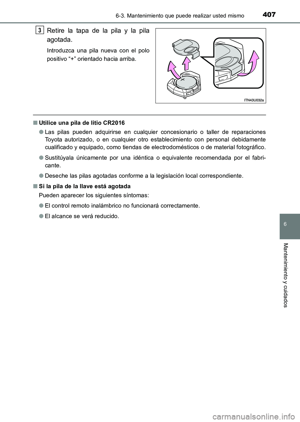 TOYOTA HILUX 2015  Manuale de Empleo (in Spanish) 4076-3. Mantenimiento que puede realizar usted mismo
6
Mantenimiento y cuidados
HILUX_OM_OM71215S_(ES)
Retire la tapa de la pila y la pila
agotada.
Introduzca una pila nueva con el polo
positivo “+