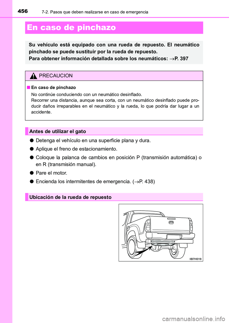 TOYOTA HILUX 2015  Manuale de Empleo (in Spanish) 4567-2. Pasos que deben realizarse en caso de emergencia
HILUX_OM_OM71215S_(ES)
En caso de pinchazo
●Detenga el vehículo en una superficie plana y dura.
● Aplique el freno de estacionamiento.
●