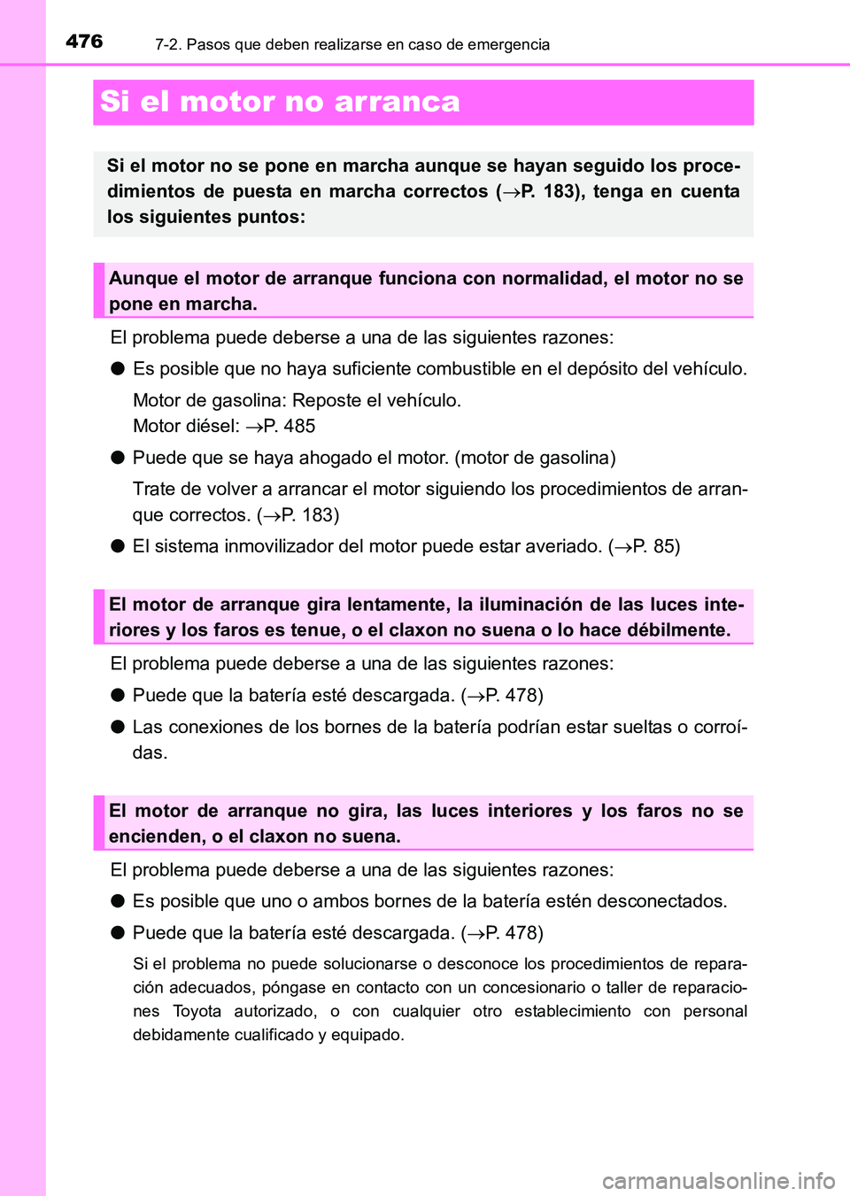 TOYOTA HILUX 2015  Manuale de Empleo (in Spanish) 4767-2. Pasos que deben realizarse en caso de emergencia
HILUX_OM_OM71215S_(ES)
Si el motor no arranca
El problema puede deberse a una de las siguientes razones:
●Es posible que no haya suficiente c