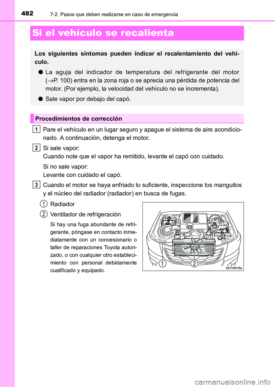 TOYOTA HILUX 2015  Manuale de Empleo (in Spanish) 4827-2. Pasos que deben realizarse en caso de emergencia
HILUX_OM_OM71215S_(ES)
Si el vehículo se recalienta
Pare el vehículo en un lugar seguro y apague el sistema de aire acondicio-
nado. A contin