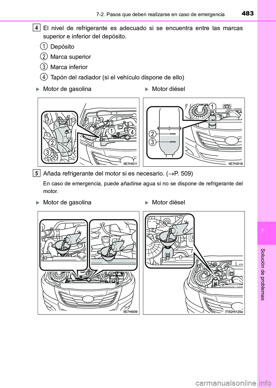 TOYOTA HILUX 2015  Manuale de Empleo (in Spanish) 4837-2. Pasos que deben realizarse en caso de emergencia
7
Solución de problemas
HILUX_OM_OM71215S_(ES)
El nivel de refrigerante es adecuado si se encuentra entre las marcas
superior e inferior del d