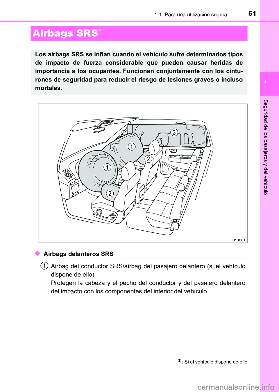 TOYOTA HILUX 2015  Manuale de Empleo (in Spanish) 511-1. Para una utilización segura
1
Seguridad de los pasajeros y del vehículo
HILUX_OM_OM71215S_(ES)
Airbags SRS∗
◆Airbags delanteros SRSAirbag del conductor SRS/airbag del pasajero delantero (
