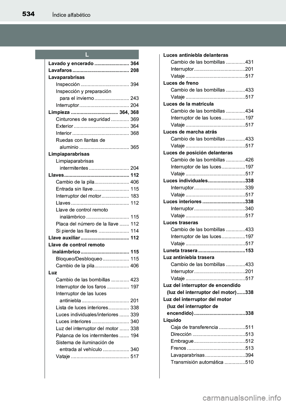 TOYOTA HILUX 2015  Manuale de Empleo (in Spanish) 534Índice alfabético
HILUX_OM_OM71215S_(ES)
Lavado y encerado ......................... 364
Lavafaros ......................................... 208
LavaparabrisasInspección ........................